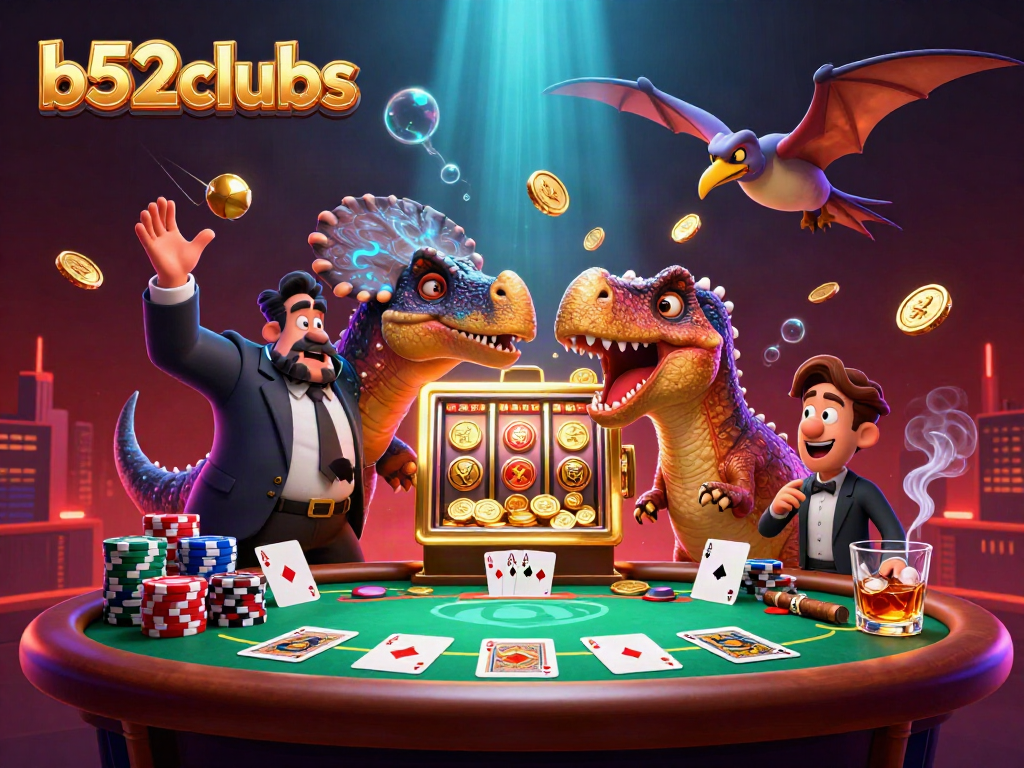 Play exciting games at b52clubs as a pachycephalosaurus triggers a jackpot with golden coins flying.