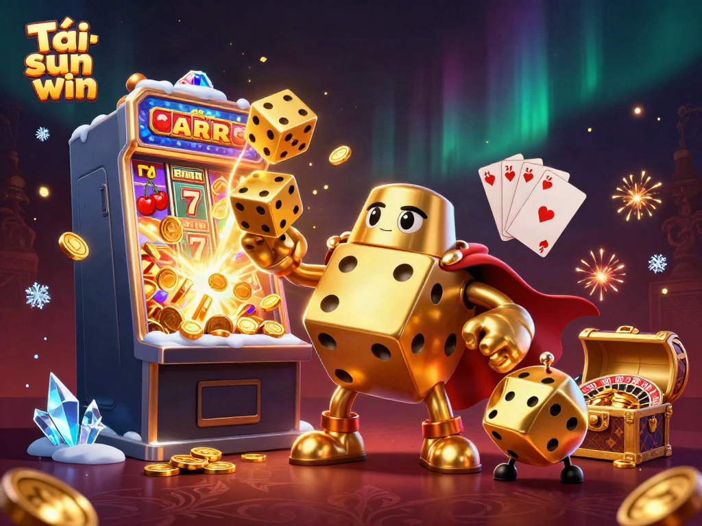 Experience the excitement of Tải sun win with a dynamic 3D casino illustration showcasing gaming elements and vibrant characters.