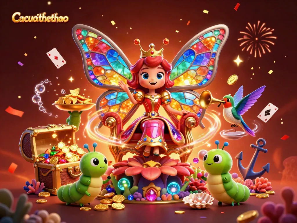 Cacuocthethao features a magical butterfly queen amid gold coins and sports betting themes, offering dynamic gambling insights.