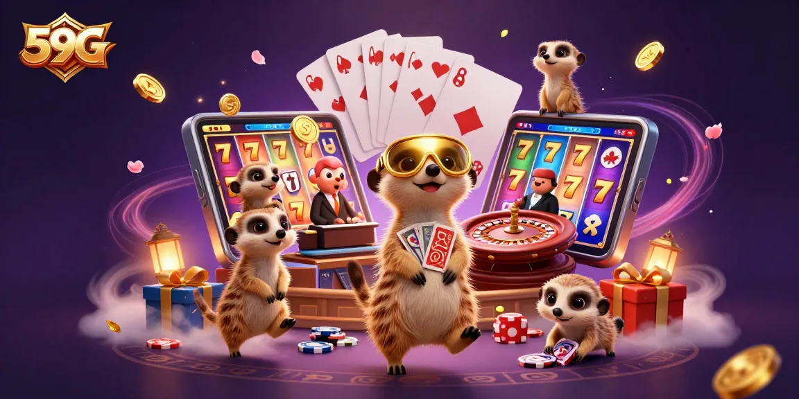 Experience fun with 59G as meerkats run an exciting casino, showcasing games and vibrant elements.