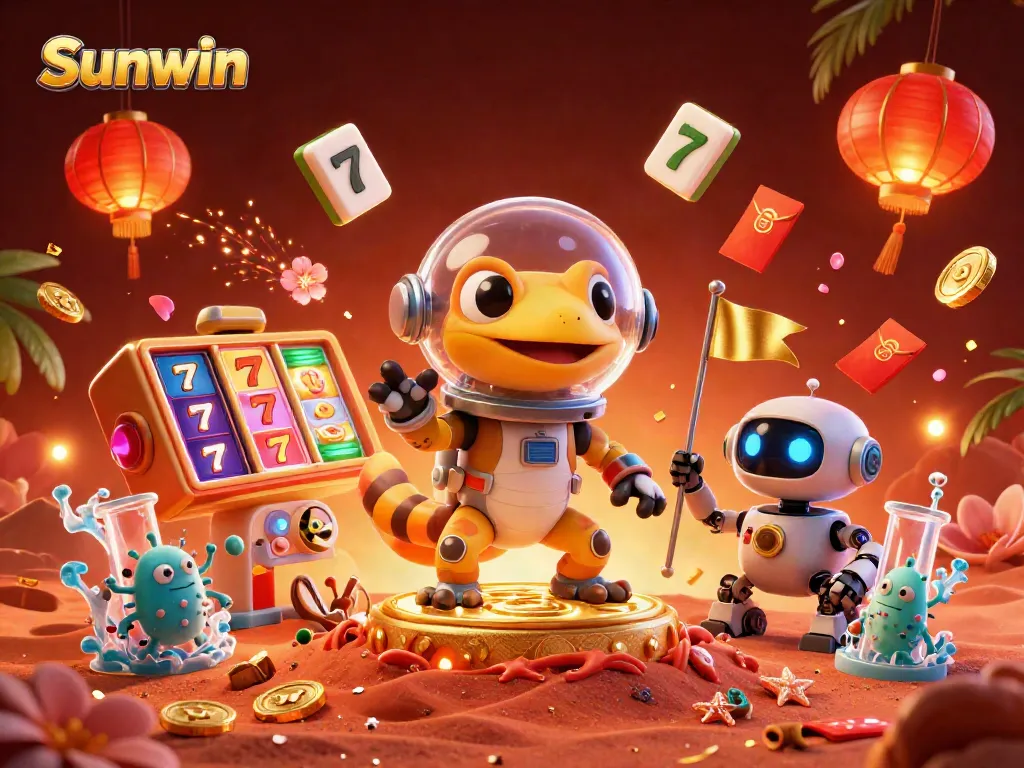Engage in exciting slots gameplay with Sunwin, featuring a 3D gecko uncovering a vibrant casino.