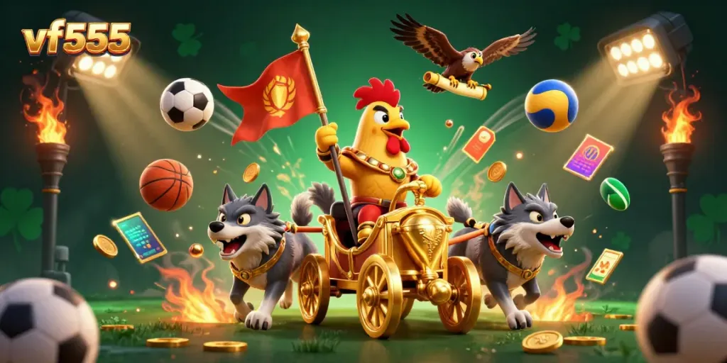 Experience thrilling gaming at vf555 with a dynamic 3D illustration featuring a rooster warlord and sports elements.