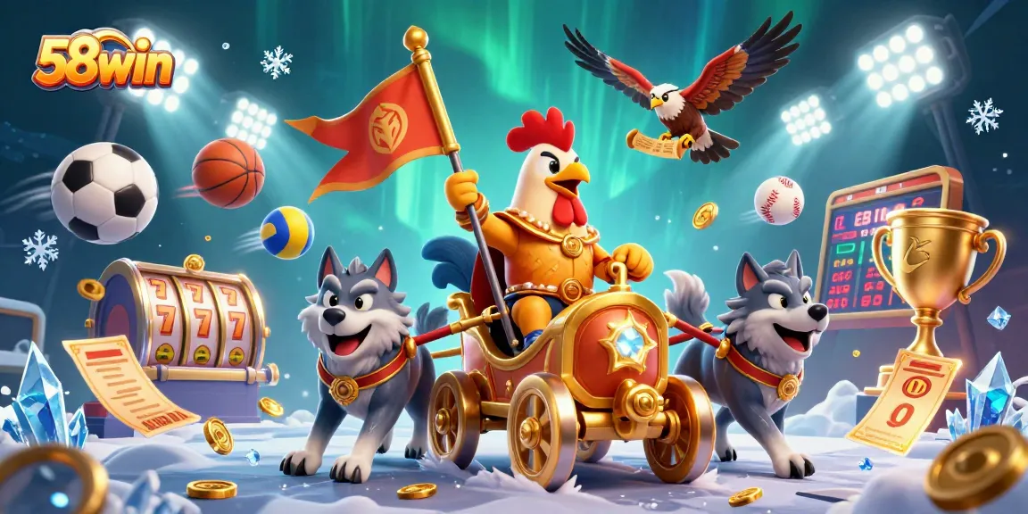 Engage with 58win's exciting gaming atmosphere featuring a rooster warlord in a golden war chariot among slot reels.