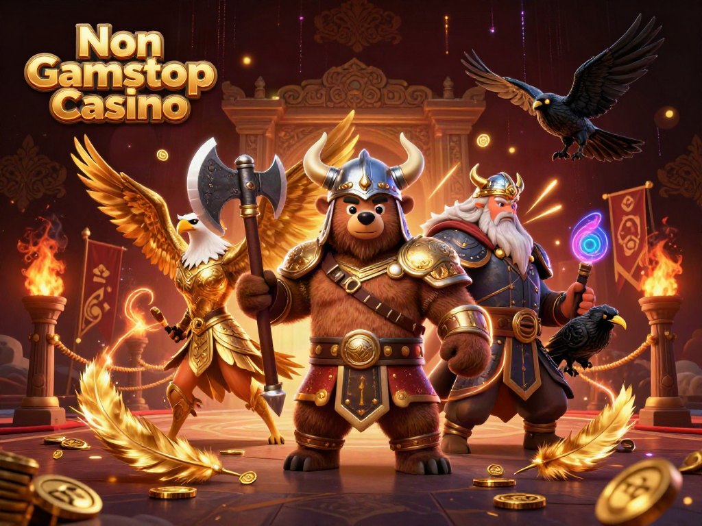 Engage with the stunning Non Gamstop Casino illustration showcasing a Viking bear and Valkyrie eagle amidst golden gaming elements.