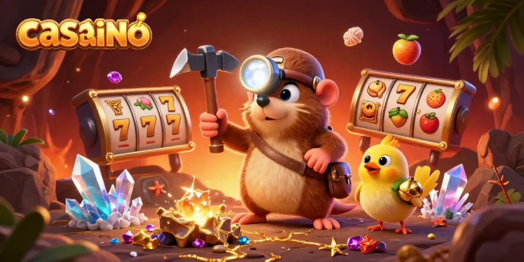 Experience the excitement of a casino with a cartoon mole treasure hunter and vibrant slot elements.