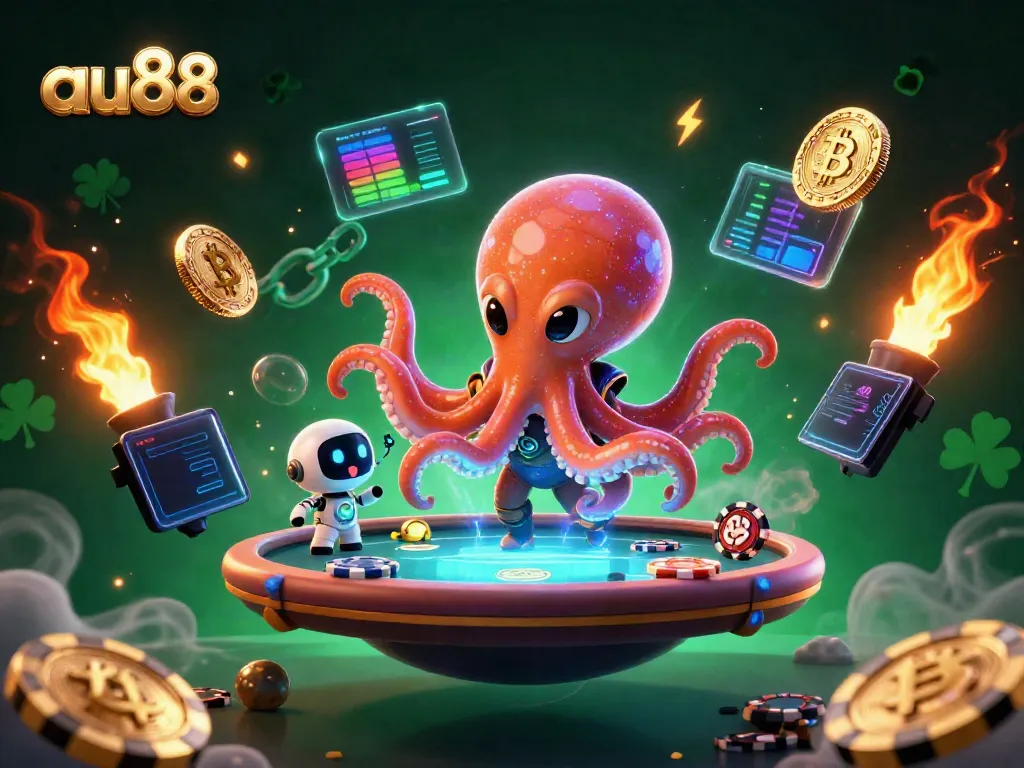 Experience the vibrant gaming world of au88 with an alien octopus at the poker table surrounded by crypto elements.