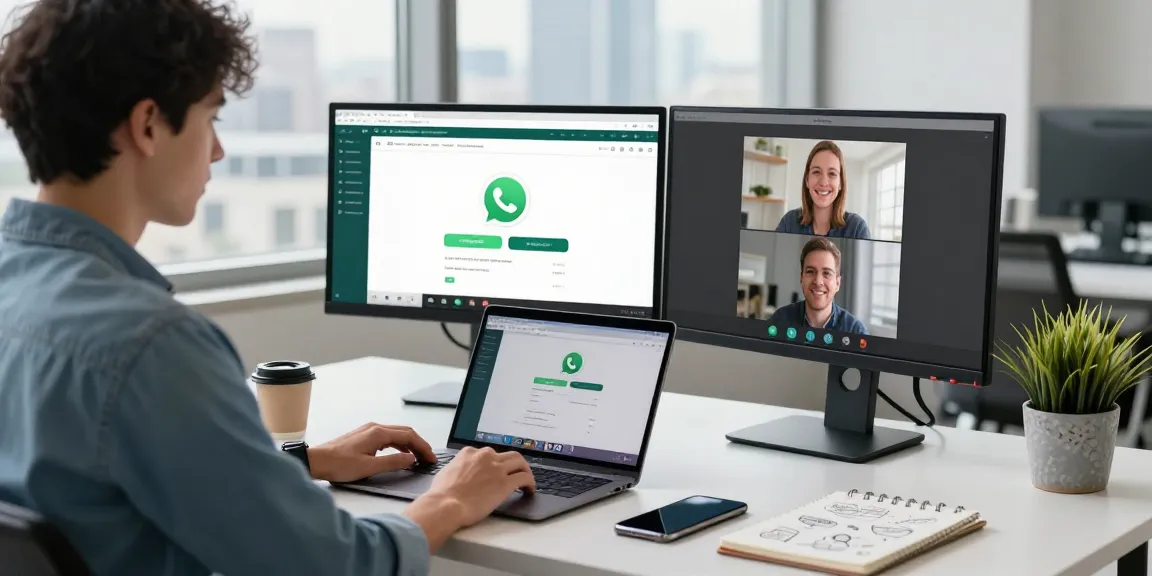 Modern workspace showing WhatsApp網頁版 on screens, enhancing productivity in a tech environment.