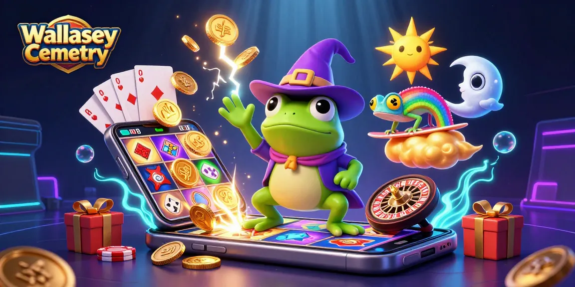 Engage in gambling fun at Wallasey Cemetery with a cartoon frog wizard showering coins and vibrant game elements.