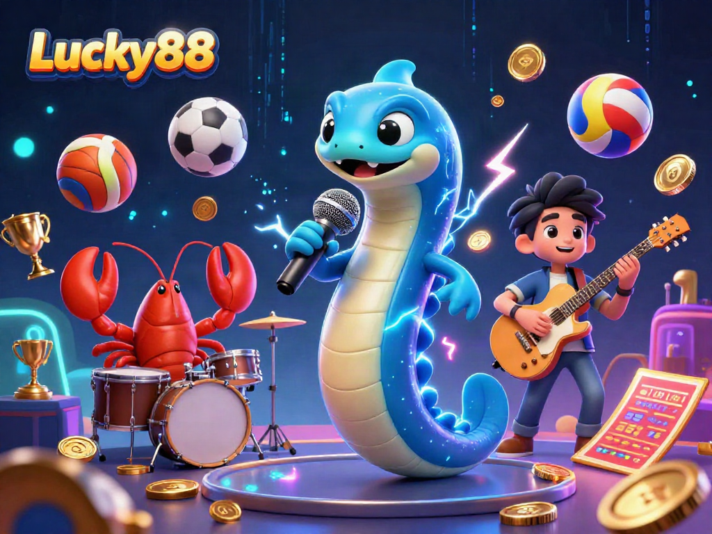 Experience the vibrant underwater casino with Lucky88 as the electric eel performs, surrounded by dynamic sports elements.