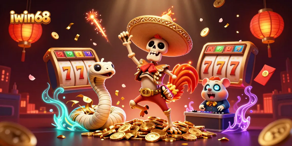 Experience the thrill of iwin68 with a vibrant 3D scene featuring unique characters and slots.