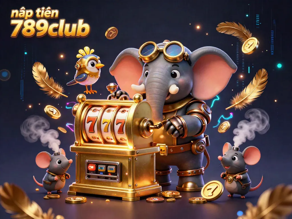 Engage in nạp tiền 789club with a steampunk elephant operating a slot machine, filled with atmosphere and excitement.