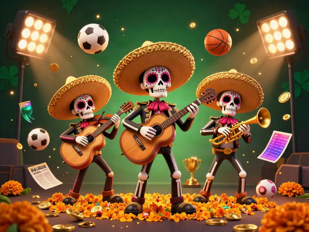 Engage with the vibrant 3D illustration of 78WIN's mariachi band celebrating with animated sports elements.