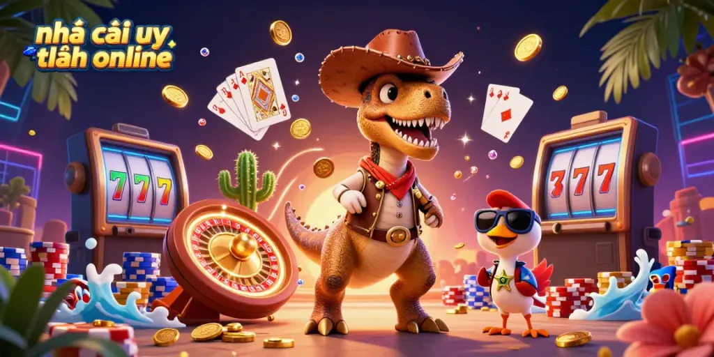 Engage with nhà cái uy tín online through thrilling casino entertainment elements in a vivid illustration.