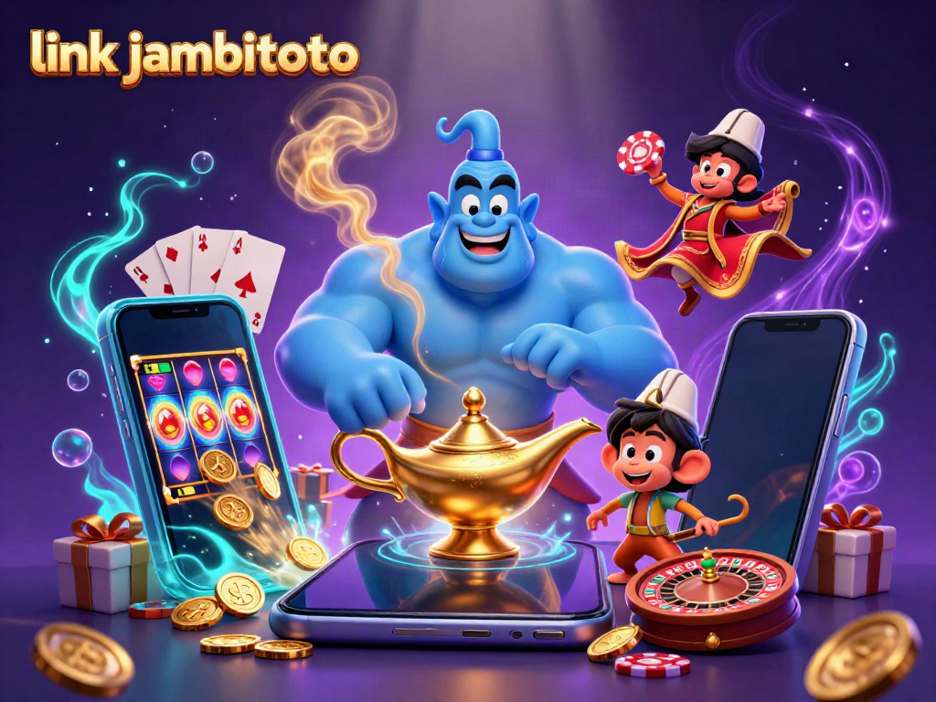 Engage with link jambitoto through this vibrant, action-packed illustration showcasing a genie, monkey, and magical elements in a casino setting.
