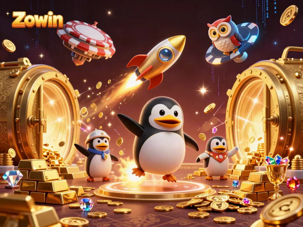 Zowin's vibrant illustration showcases a golden penguin and casino elements racing through space.