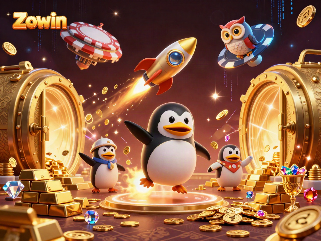 Zowin's vibrant illustration showcases a golden penguin and casino elements racing through space.
