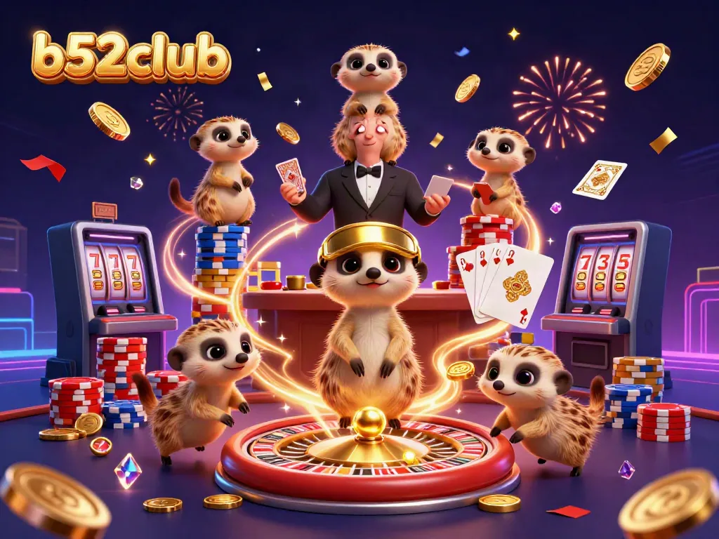 Experience the exciting world of b52club with animated meerkats managing a vibrant casino.