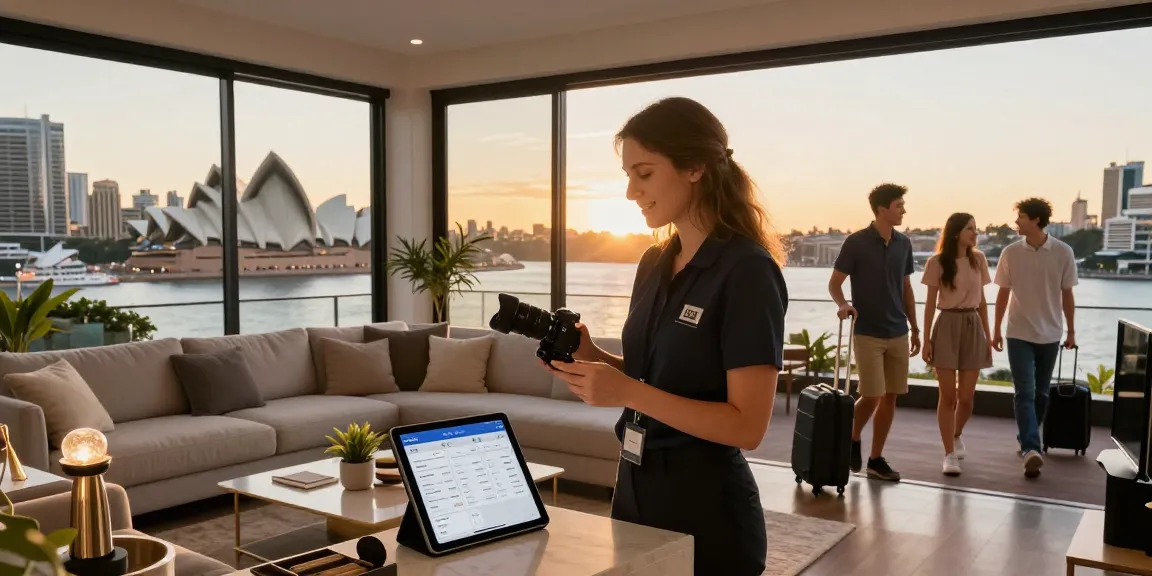 Airbnb co-host services in Sydney, showcasing a stylish property manager preparing a chic living room for guests.