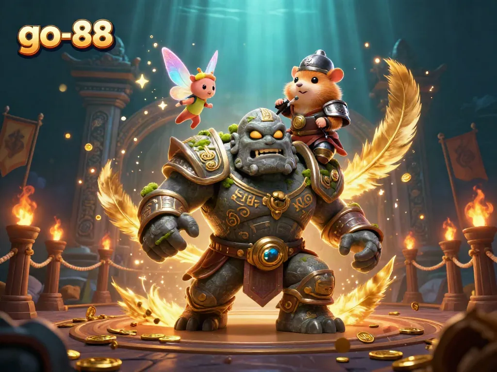Engage with go-88, featuring a magical scene of a golem, fairy, and hamster knight amidst coins and betting tokens.