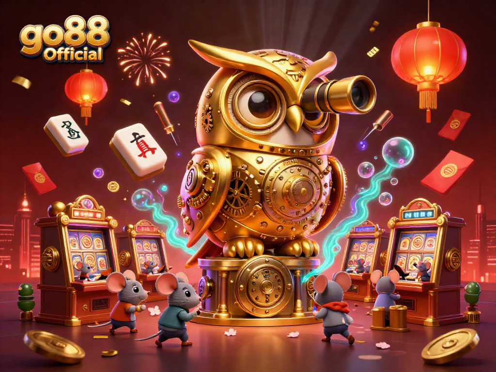 Experience excitement at go88 Official with the golden owl scanning a vibrant casino scene filled with joy and luck.