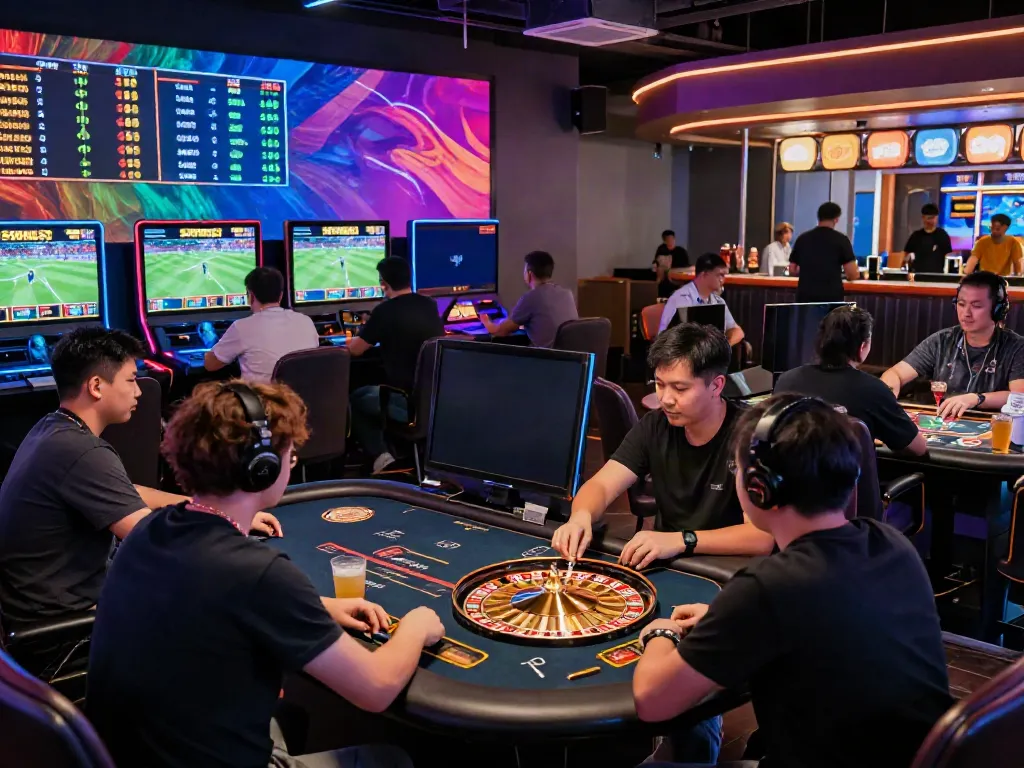 Online gaming excitement at 8kbeteu.com featuring diverse players engaged in sports betting and casino games.
