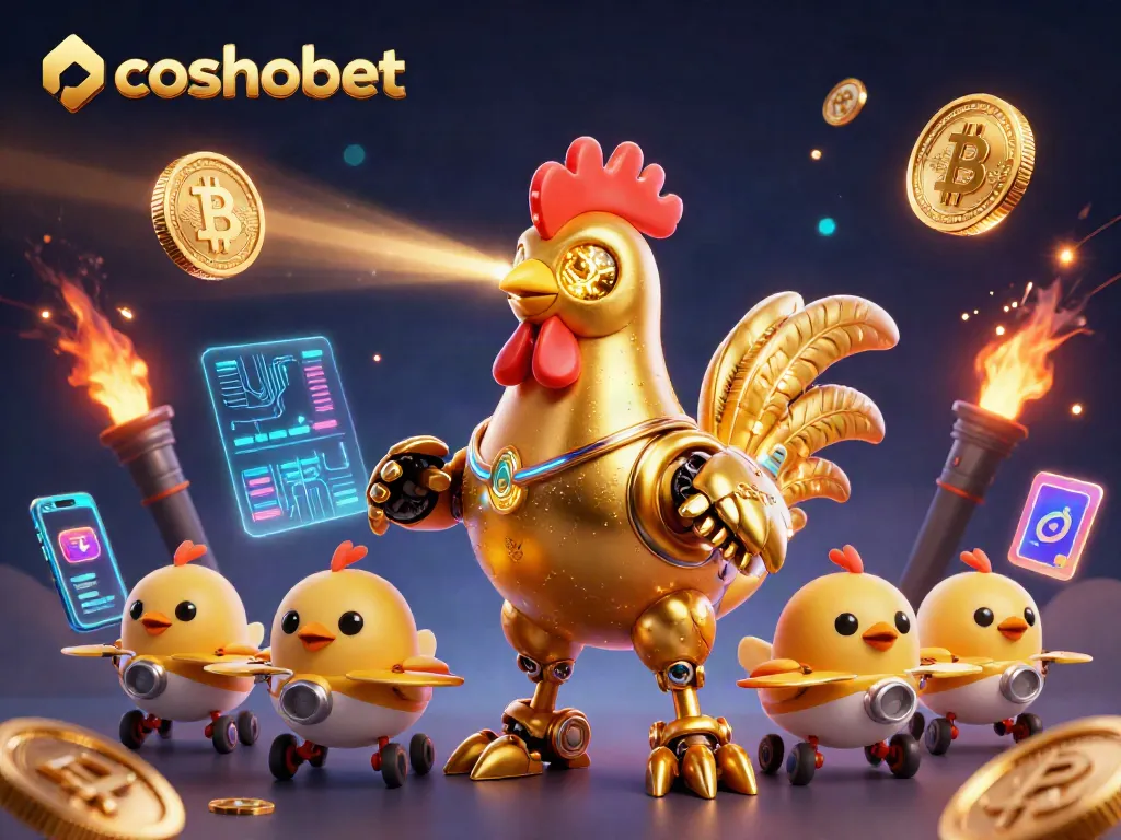 Engage with cosmobet through a dynamic scene of a golden rooster robot and drones, symbolizing crypto gaming excitement.
