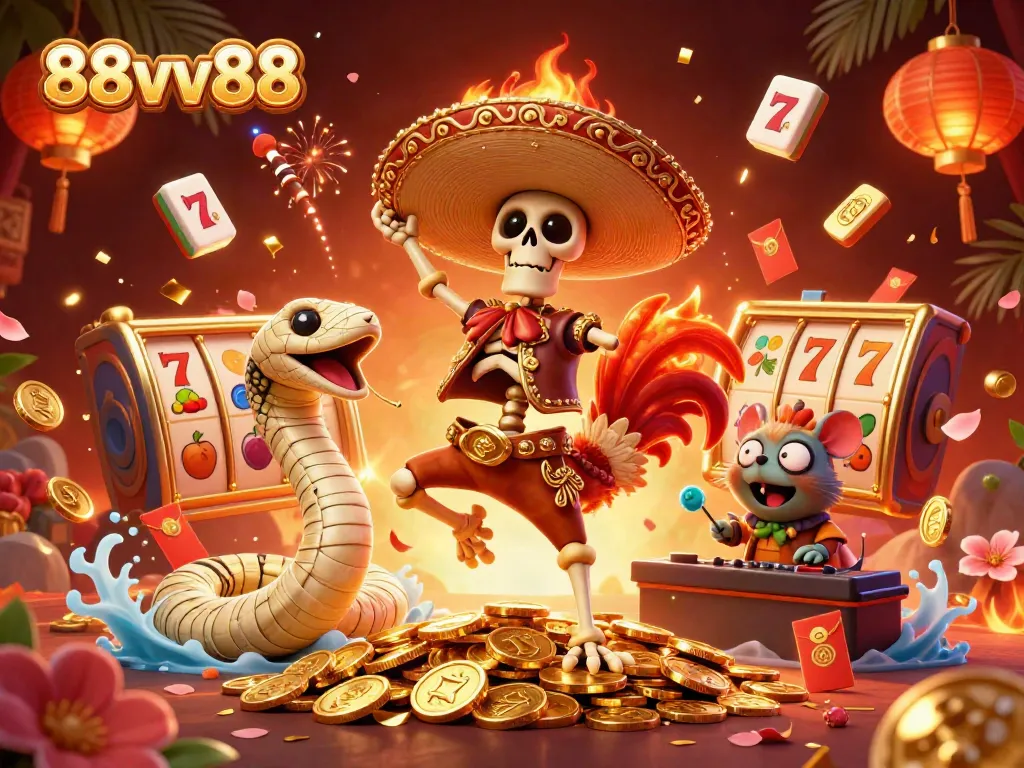 Win big with 88vv88 as a skeleton mariachi rooster celebrates on golden coins in this vibrant casino illustration.