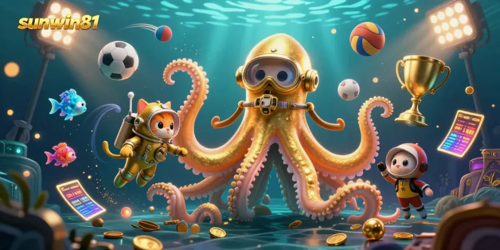 Experience thrilling wins at sunwin81 as a colossal kraken and diving cat explore a treasure-filled ocean.
