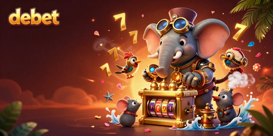 Spin the golden slot machine with debet for a chance at jackpot wins in a vibrant casino scene.