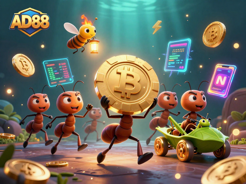 AD88 showcases a thrilling heist scene with cartoon ants, crypto coins, and gaming elements.