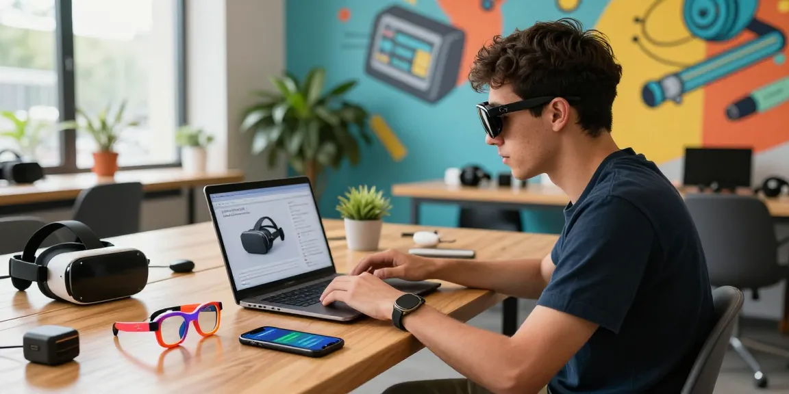 Innovative tech enthusiast reviewing smart glasses in a vibrant co-working space with gadgets and natural light.