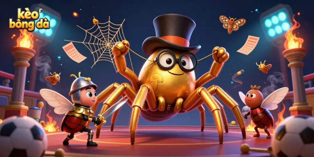 Engaging scene of the kèo bóng đá world featuring a giant golden tarantula and beetle knight amidst vibrant sports elements.