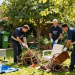 Efficient london house clearance service team clearing garden debris with eco-friendly practices in North London.
