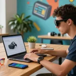 Innovative tech enthusiast reviewing smart glasses in a vibrant co-working space with gadgets and natural light.
