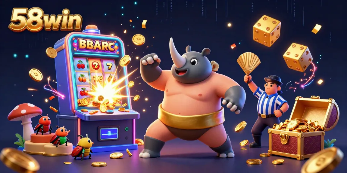 Experience the thrill of 58win casino gaming with a vibrant, energetic scene of beetle champions and slot machine jackpots.