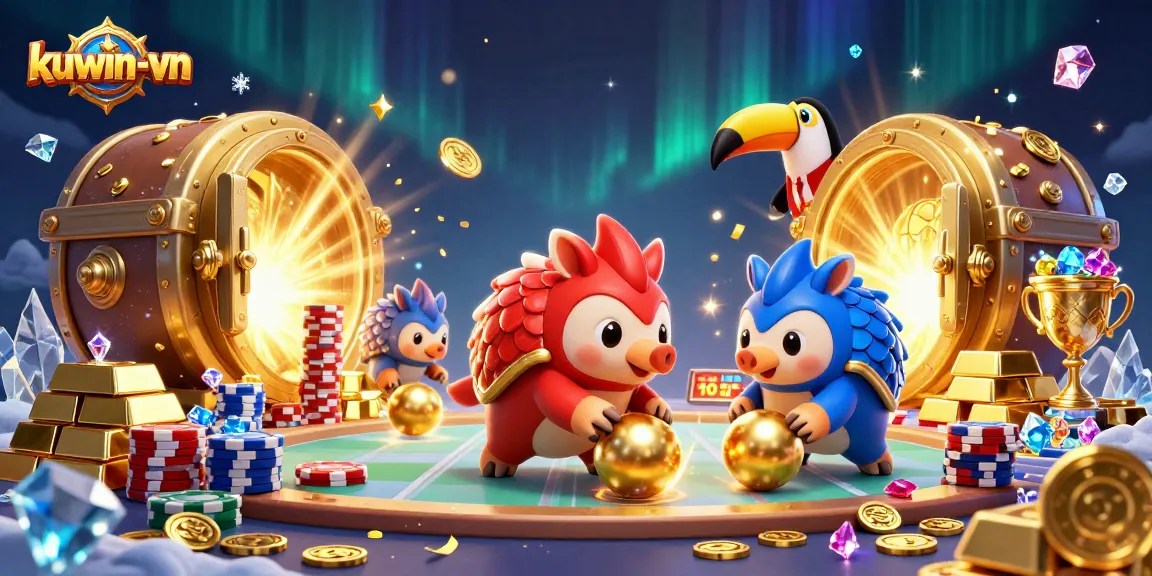 kuwin-vn showcasing vibrant rival pangolins in red and blue armor bowling through chips in a dynamic casino scene