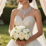 Bridal diamond jewellery shimmering on a bride in an elegant garden setting.