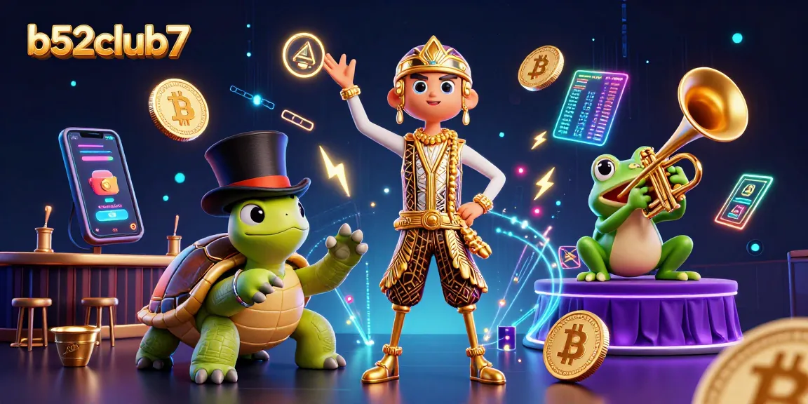 Engage in thrilling games at b52club7 with vibrant casino characters and cryptocurrency elements.