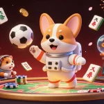 Experience the excitement of kết quả bóng đá trực tuyến with this dynamic sports betting scene featuring a cartoon astronaut corgi and floating betting elements.