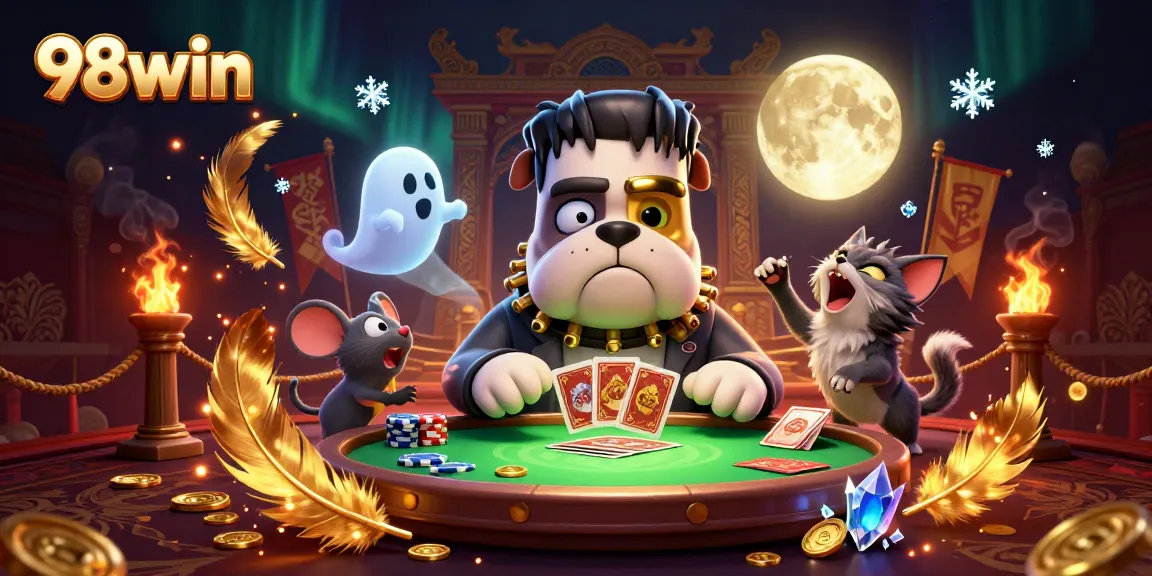 Experience thrilling card dealing action with 98win's vibrant gaming atmosphere featuring unique characters.