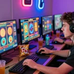 Player enjoying slot games on multiple screens in colorful gaming setup