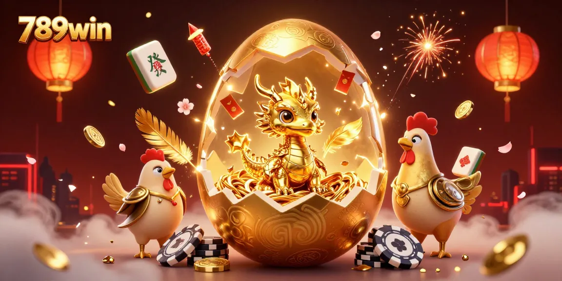 Engage in gaming thrills at 789win, where a golden dragon guards poker chips amidst festive elements.