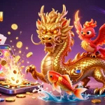 Experience the excitement of Cổng Game SAOWIN with a vibrant casino-themed illustration featuring a dragon, phoenix, and koi fish.