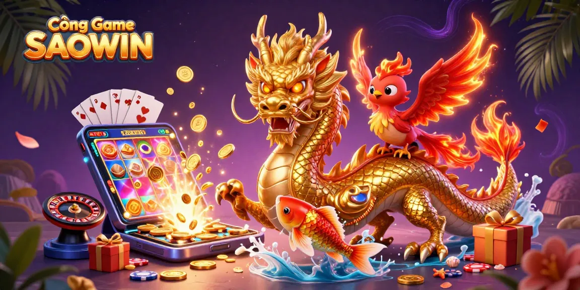 Experience the excitement of Cổng Game SAOWIN with a vibrant casino-themed illustration featuring a dragon, phoenix, and koi fish.