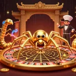 Engage with nha cai xin88 as a golden spider spins a roulette wheel web while exciting game elements swirl around.