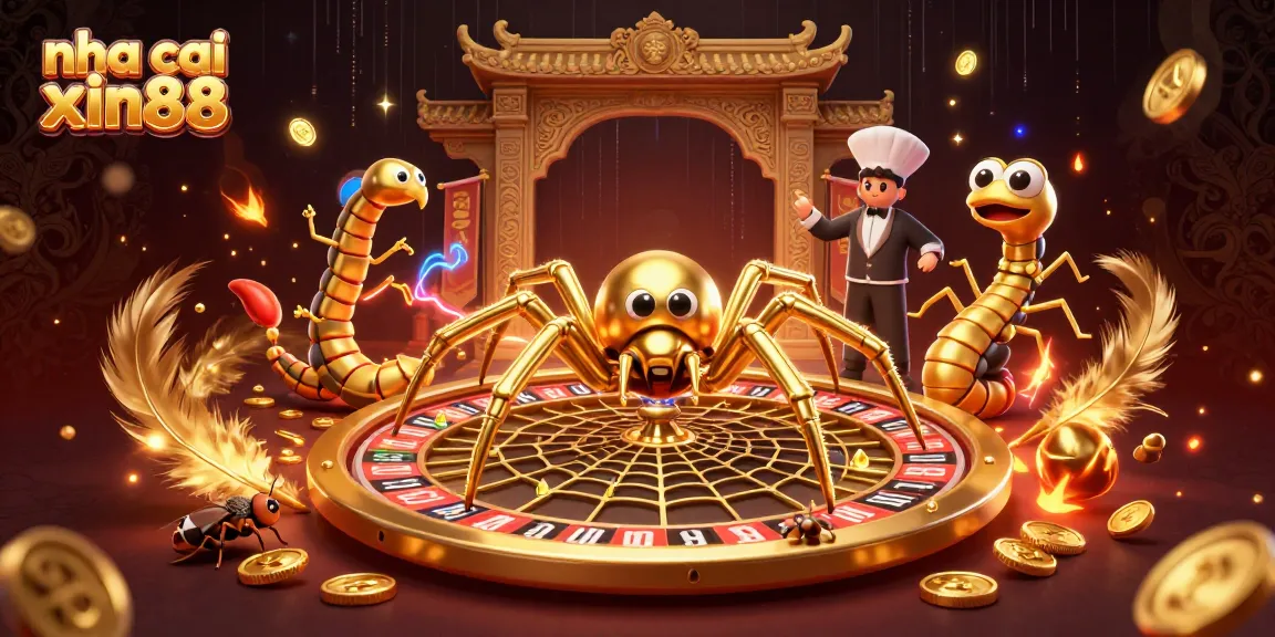 Engage with nha cai xin88 as a golden spider spins a roulette wheel web while exciting game elements swirl around.