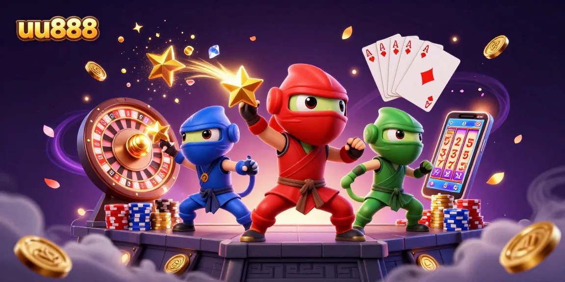 Engage with uu888's dynamic casino scene featuring colorful characters, roulette, and rich casino elements.