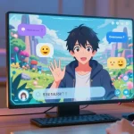 Engaging hentai AI chat scene with vibrant anime character and modern holographic interface.