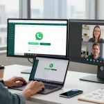 Modern workspace showing WhatsApp網頁版 on screens, enhancing productivity in a tech environment.