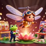 Engaging scene of a dragonfly pilot and a frog dealer in a lily pad casino, emphasizing slot gacor hari ini.